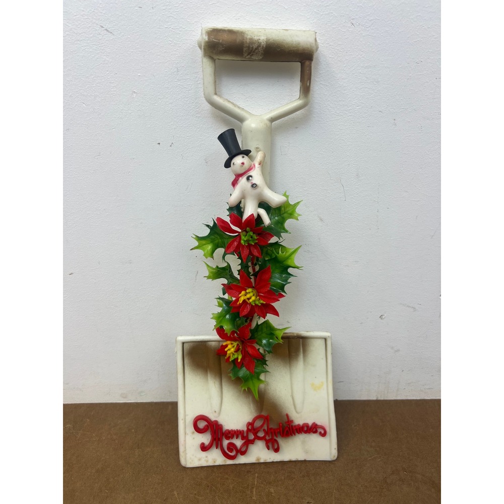 Vintage Christmas Snowman Shovel Blow Mold Wall Hanging Poinsettia Decor Plastic